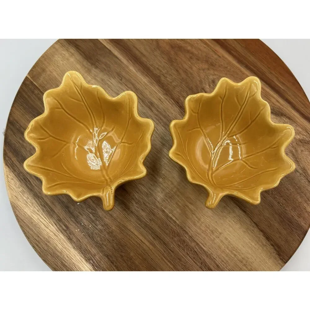 Pier 1 Leaf Bowls Set 2pc Ceramic Appetizer Nut Snack Dishes Mustard Yellow Fall